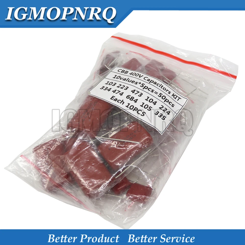 

50PC=10value*5PCS Metallized Polyester Film Capacitors CBB Assortment Kit 400V 10nF ~ 3.3UF kit