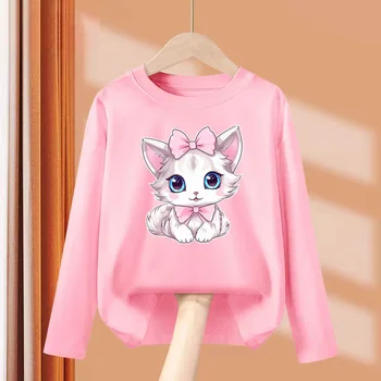 2024 Cute Bow Cat Dress Baby Girl Long Sleeved T-shirt Cartoon Kitty Cotton Tops Girls Spring Leisure Tees 3-14 Age 1