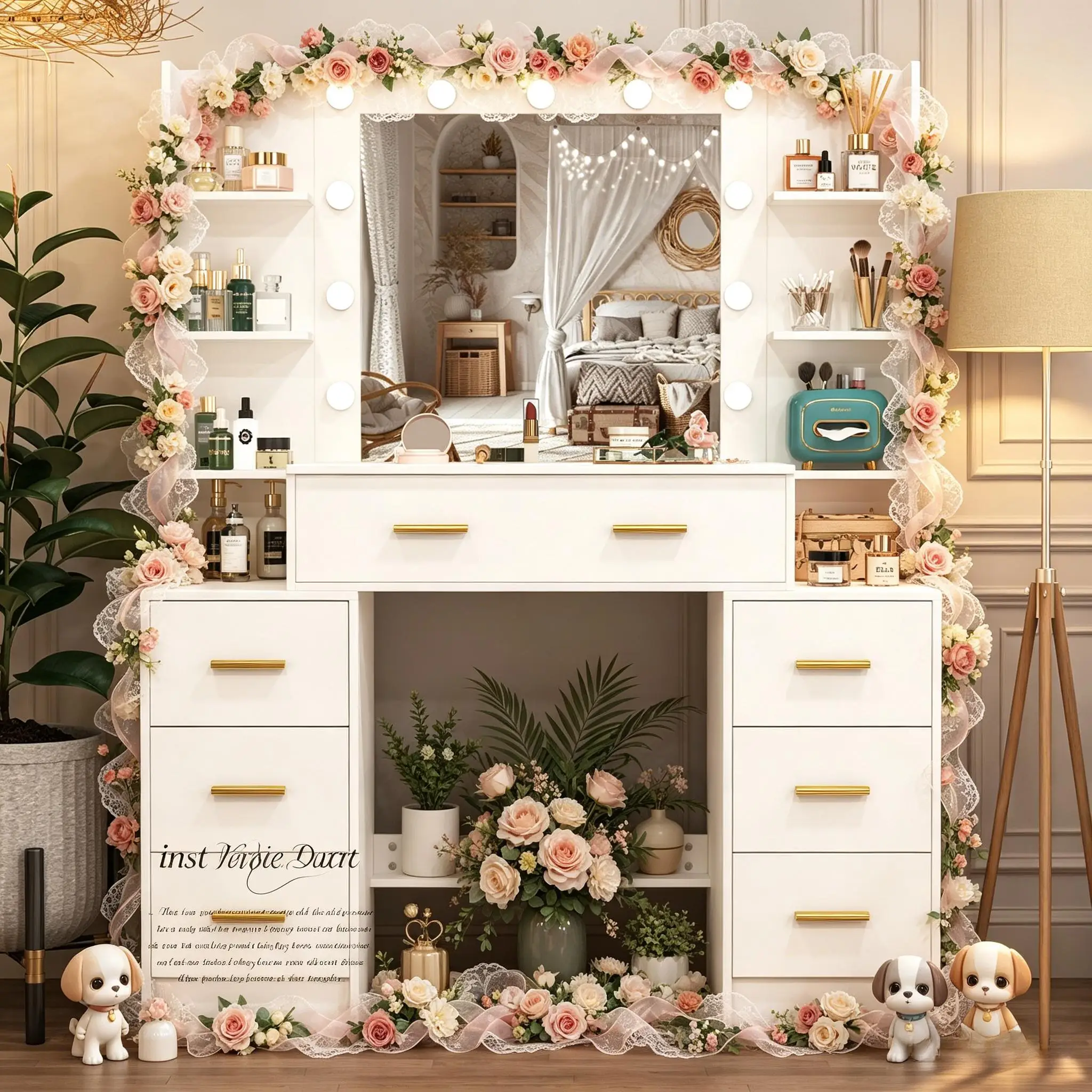 White Modern Vanity Set, 7 Drawers Gold Pulls, 3 Color Dimmable LED Mirror, Women Bedroom Makeup Desk