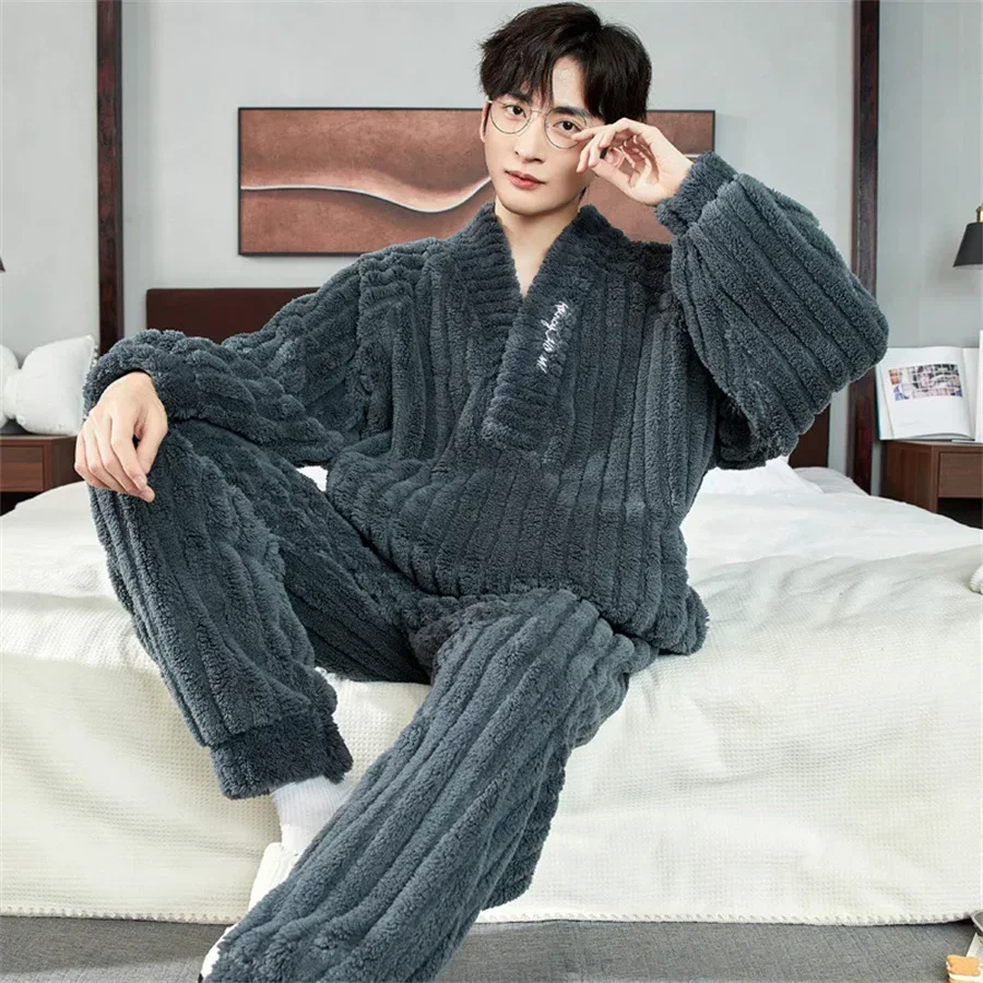 Pajamas Set Men Winter Coral Fleece 2 Piece