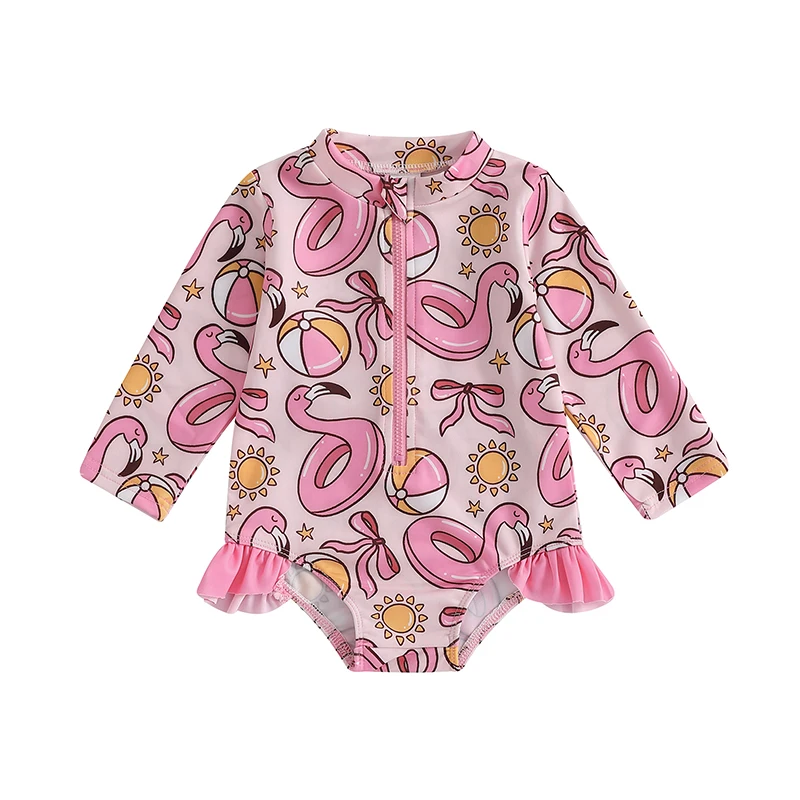Shuttle Tree Baby Girl Swimsuit One-Piece Long Sleeve Rash Guard Zipper Bathing Suit Beach Wear