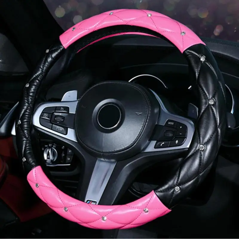 

Glitter Steering Wheel Cover Anti Slip PU Leather Rhinestone Steering Wheel Cover Soft Car Portable Steering Wheel Protector