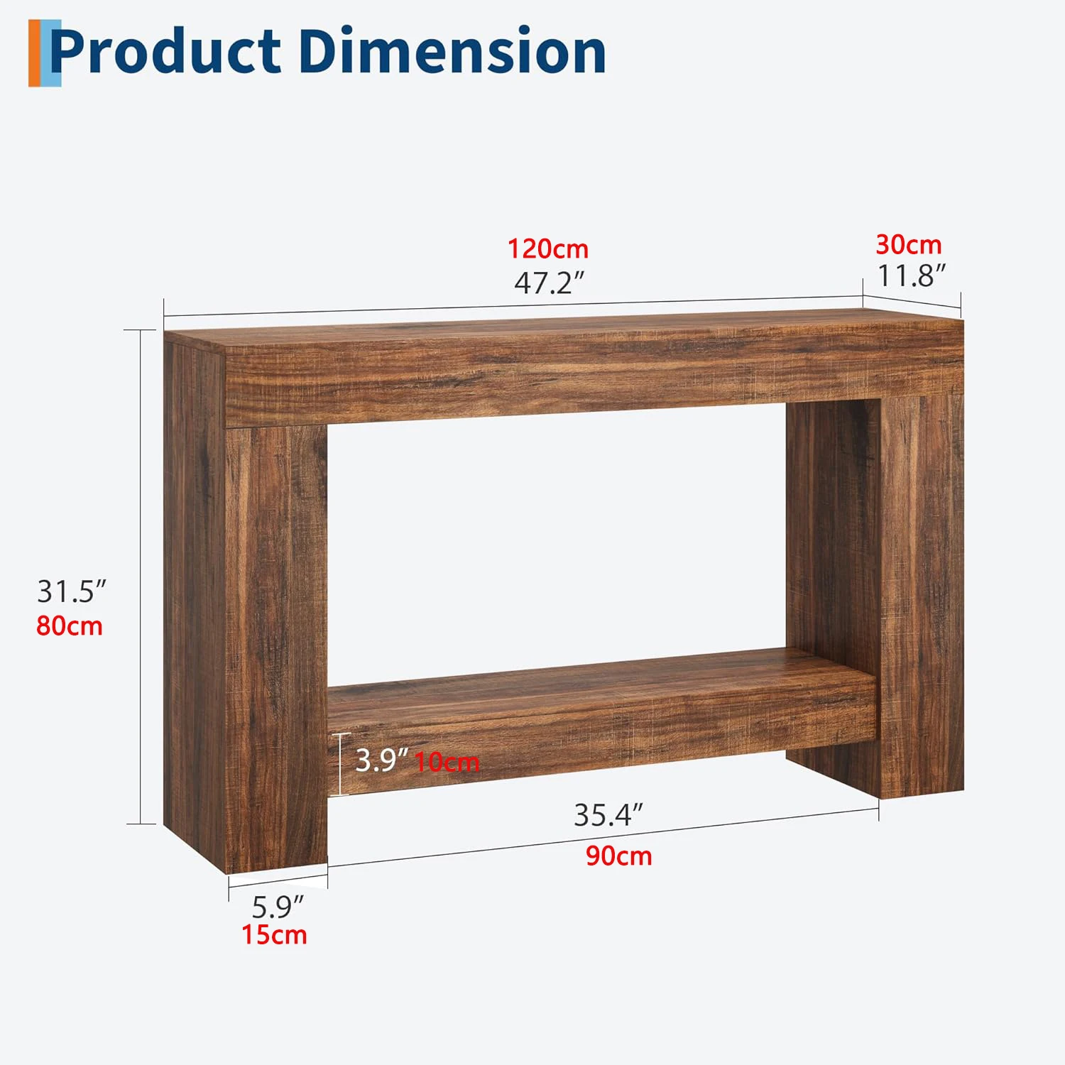 120 cm/160 cm langer Bauernhaus-Konsolentisch aus Holz, 2-stöckig, großer Sofatisch mit Stauraum für Wohnzimmer, Eingangsbereich, Flur – Detail 6
