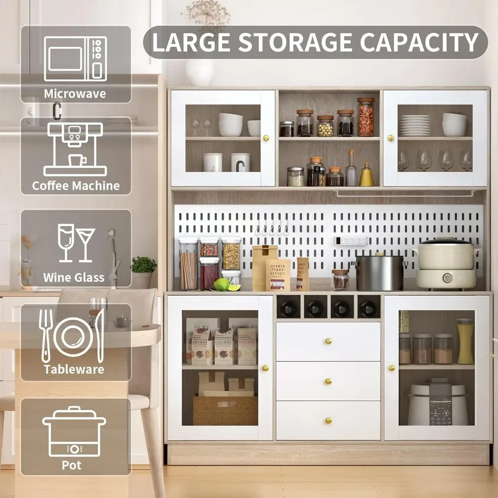 Kitchen Hutch Cabinet, Pantry Cabinet, Power Outlet,Freestanding Buffet Hutch with Pegboard, Cup Holder,  4 Doors & 3 Drawers 5