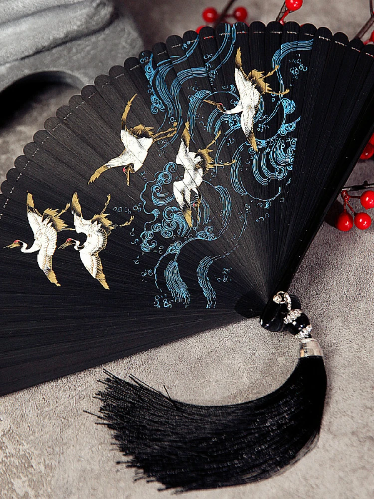 

Folding Fan Female Dance Dance Fans Hanfu Nostalgic Retro Chinese Style Solid Color Big Tassel Crane Peony Full Bamboo Fan