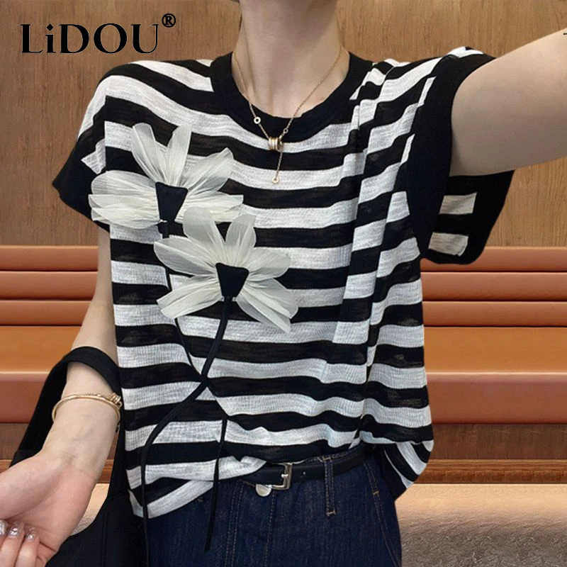 

2024 Summer Loose Casual Fashion Striped Printing Patchwork T-shirt Ladies Short Sleeve Vintage All-match Top Women Pullover Tee