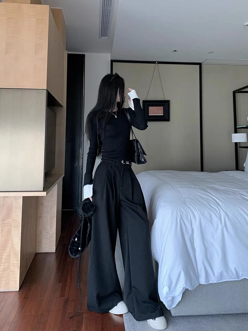 High Waist Wide Leg Pants For Women New Loose Straight Black Trousers Autumn Double Buttons Casual Suit Pants Female