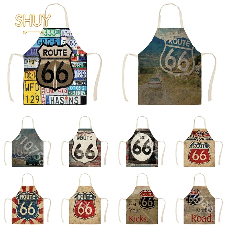 

Road 66 Print Kitchen Aprons Dinner Party Cooking Bib Funny Repair shop Pinafore Cleaning Apron for Women Home BBQ Anti-Oil Bibs