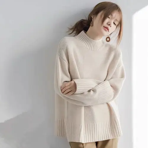 European100% pure cashmere sweater women's half turtleneck slit short sweater lazy loose knit base shirt 2023 autumn and winter - Image 7