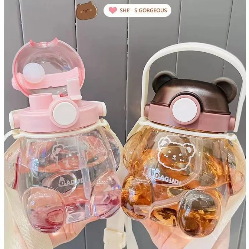 

Kids Water Bottle Kawaii Bear cub Plastic Cup with Lid and Cute Cartoon School Girls Portable Leakproof Drinkware Sport Kettle