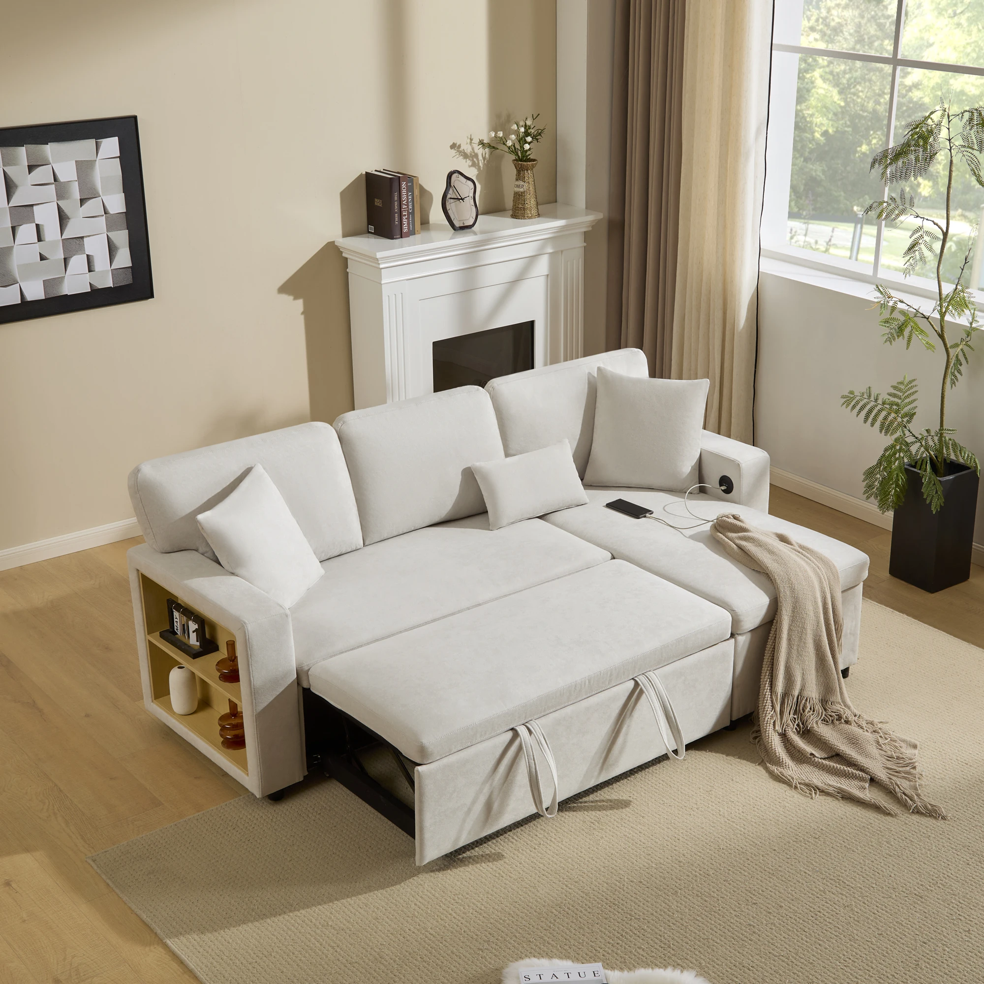 KOMHTOM Ecksofa L-Form mit Schlaf- und Bettfunktion - Ausziehbarer Schlafcouch mit Bettkasten und integriertem Regal – Detail 3