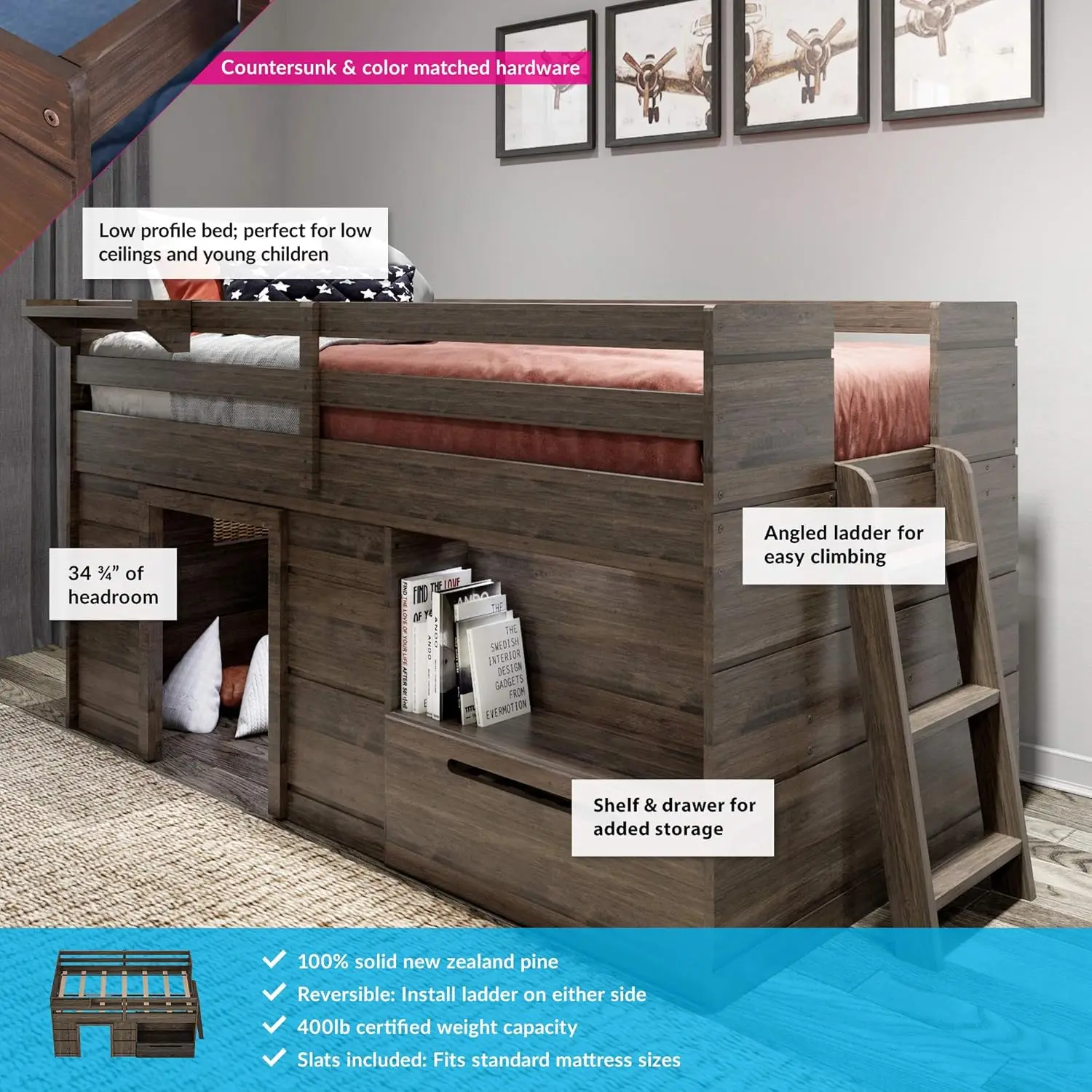 Max & Lily Loft Bed Twin Solid Wood Storage Drawer Ladder Modern Farmhouse Kids Barnwood Brown Children Toddler
