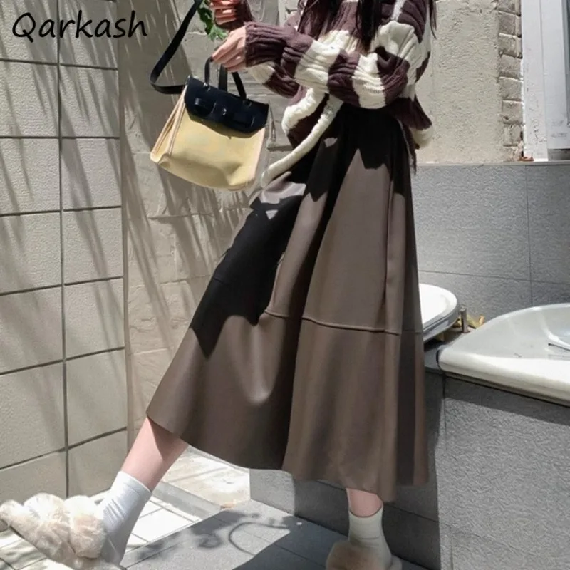 

PU Leather Midi Skirts Women Autumn Solid Ulzzang High Waist Fashion Loose Ins A-line All-match Streetwear Elegant Casual New