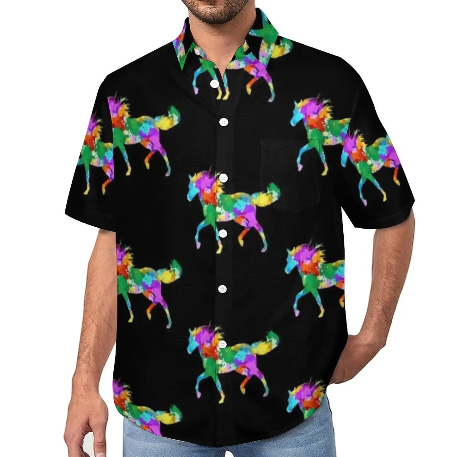 

Horse Watercolor Art Blouses Male Horses Riding Animal Print Casual Shirts Hawaiian Design Vintage Oversize Vacation Shirt Gift