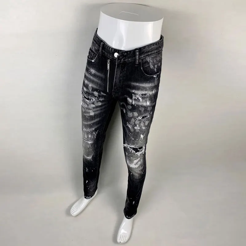 Street Fashion Men Jeans Retro Black Gray Stretch Slim Fit Patched Ripped Jeans Men Painted Designer Hip Hop Brand Pants Hombre