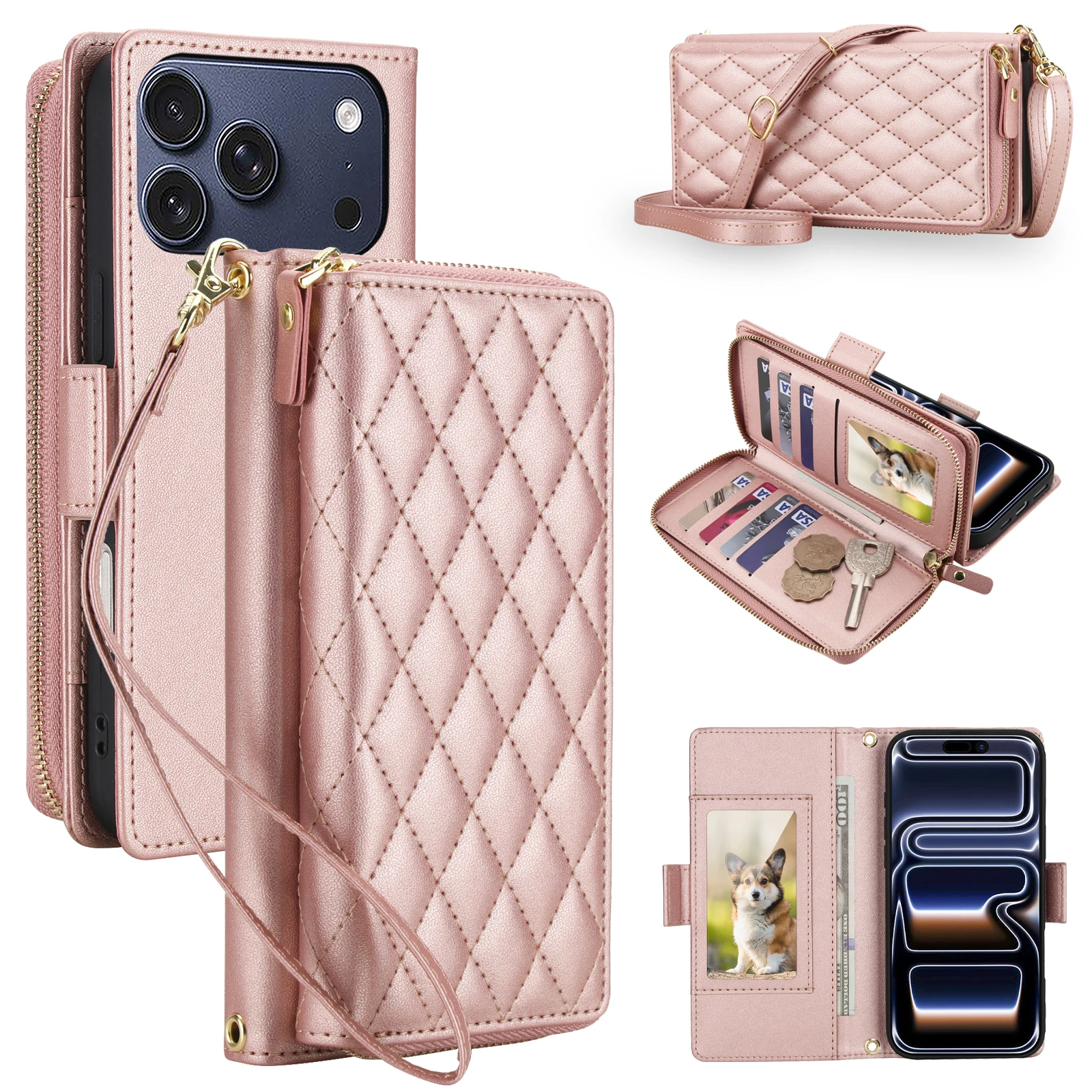 Sleek Zipper Wallet Crossbody Case with Detachable Wrist Strap