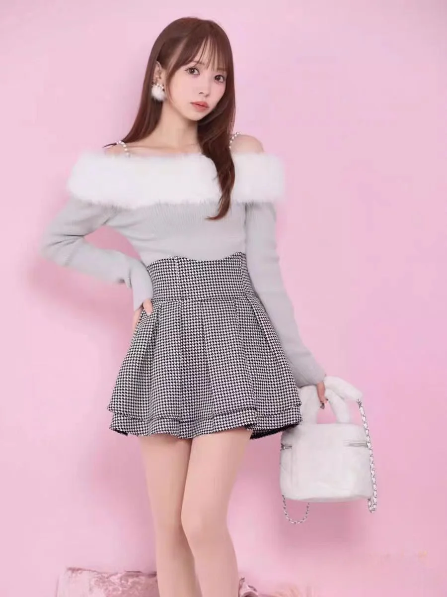 High Waist Plaid  Skirt Pants Sweet Japanese Sle Autumn Winter College Campus Look Polyester Fiber Gathered A-Line Skirt