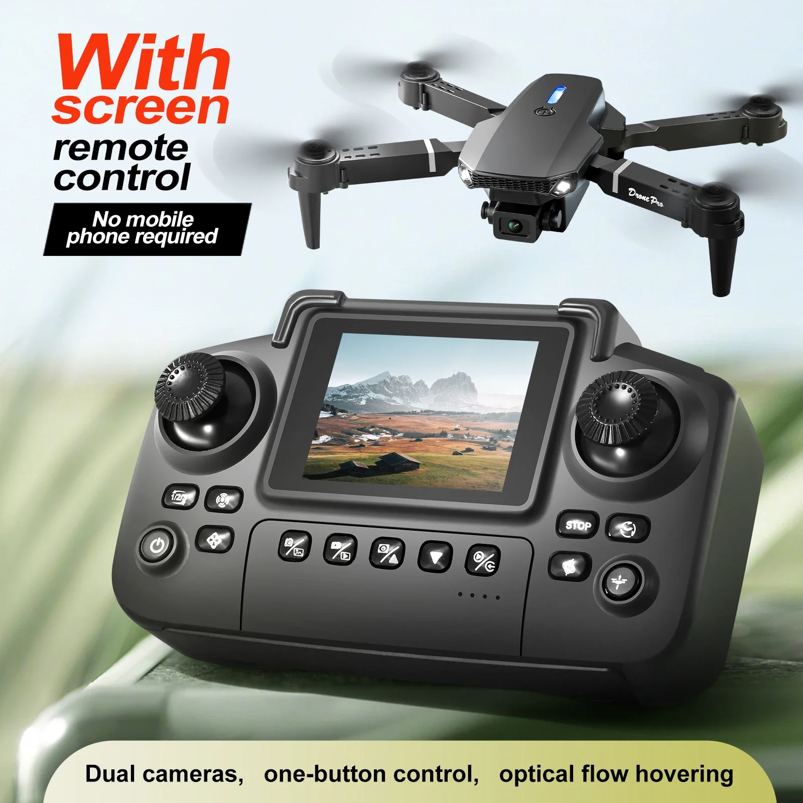 Drone E99 PRO 4K HD avec caméra WiFi, plié dans une main, soulignant sa portabilité.