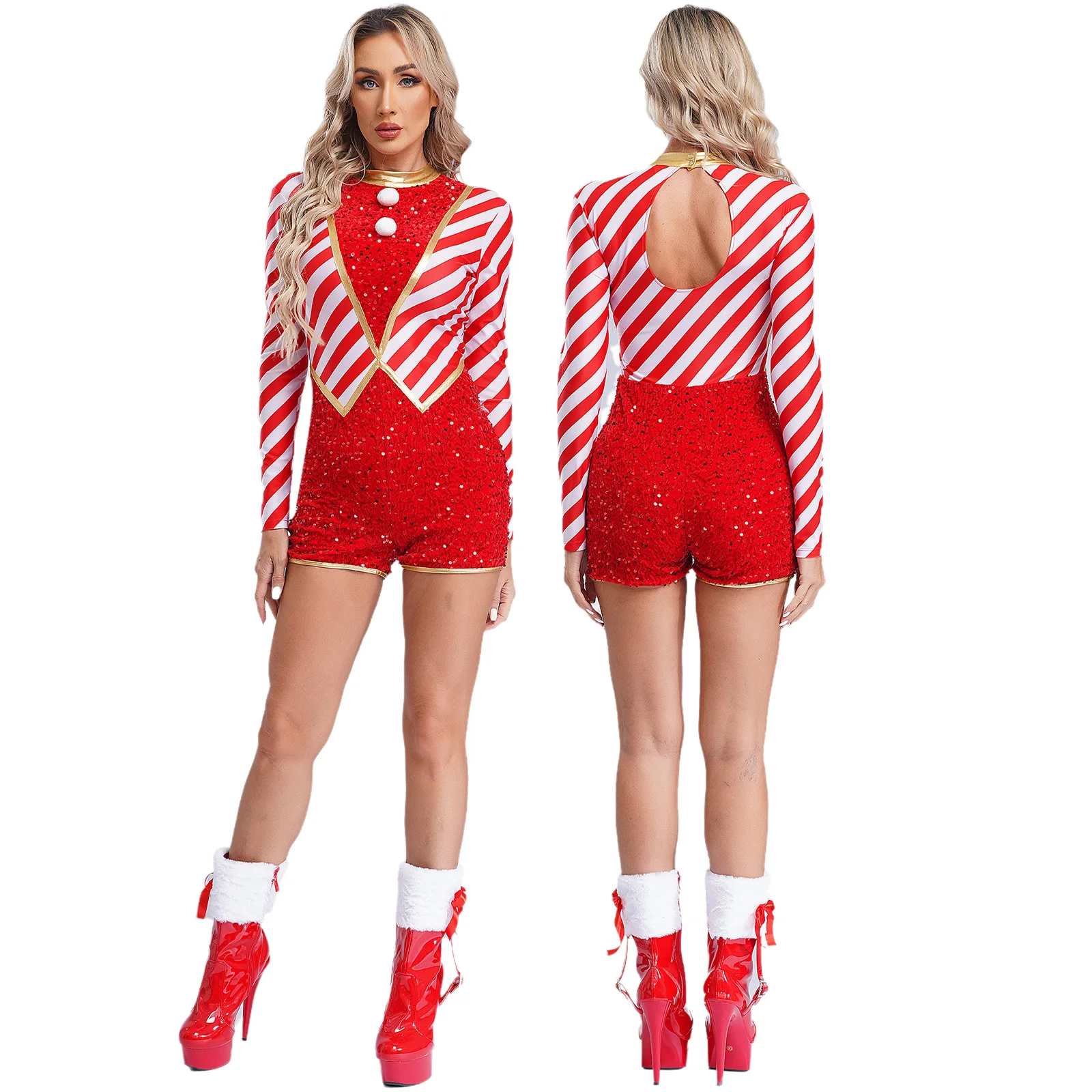 thumbnail image 1 of Mono con pompones de Navidad y bastón de caramelo para mujer, disfraz de elfo de Navidad, leotardo de baile de Hada de Ballet, mono con pompones de Año Nuevo, 1 of 5