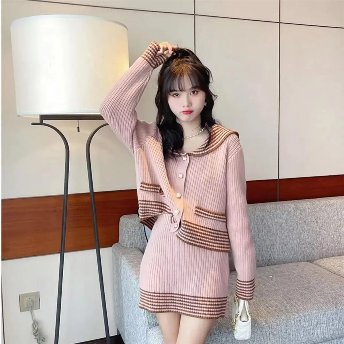 Knitted Cardigan for Women, Korean Fashion, Sweet Sweater, Kawaii Striped, Round Neck, Female French Set Skirt, 2 Pcs, 2024