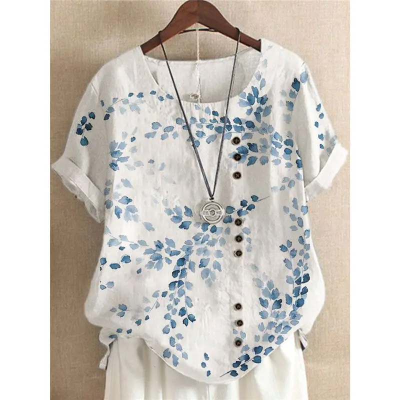 Uk Summer Womens Cotton Linen Loose Blouse Floral Tshirts Ladies Tops