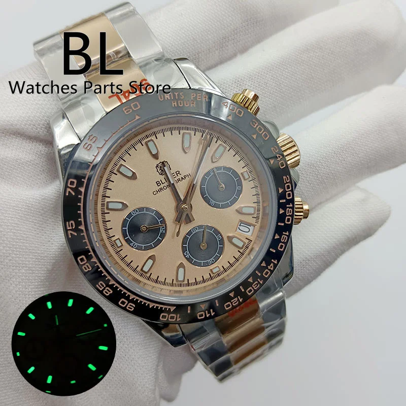 

BLIGER 39mm Quartz Chronograph Watch For Men VK63 Movement Luxury Silver Rose Gold Sapphire Crystal Rose Dial Reloj Hombre Lume