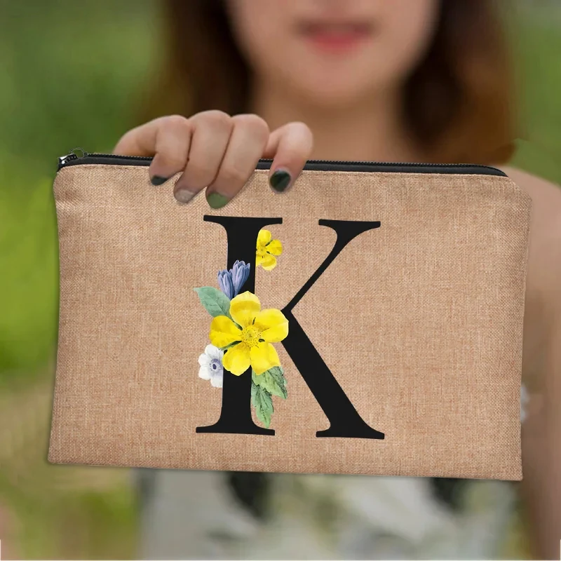 Floral Letter Print Women Linen Zipper Pouch Travel Organizer Case Mujer Bolsas Cosmetic Bag Makeup Bag  Bridesmaid Makeup Bags 4