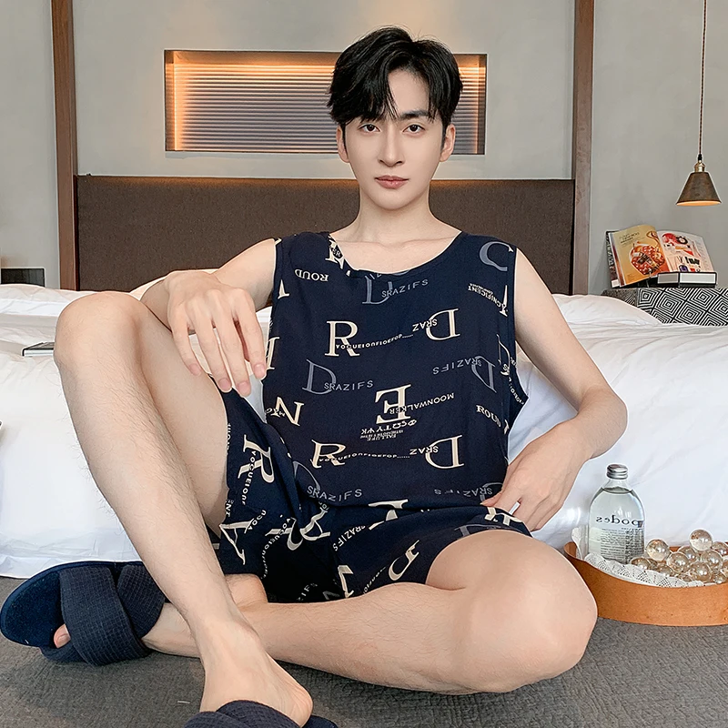 

Пижамный комплект мужской из ткани, хлопковая рубашка без рукавов и шорты с надписью, комплект одежды для сна, домашняя одежда, большие размеры, на лето