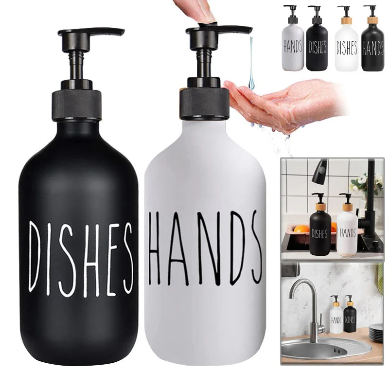 Hand Dish Soap Dispenser Set 2Pcs 500ml Bathroom Kitchen Sink Refillable Plastics/Bamboo Wood Pump Bottles Empty Container
