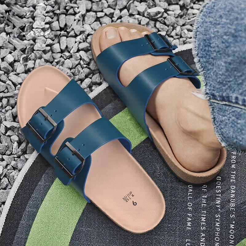  Cork Mules Sandals Leather Retro Buckle Slippers Size 35-46 Unisex Beach Anti-Slip Thick Sole Summer Fashion Footwear, view 5