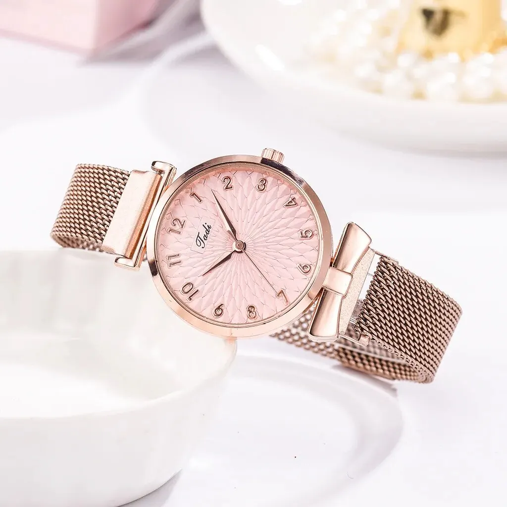 2PCS Set Women Watch Set Trendy Pink Design Mesh Belt Alloy Wristwatch Fashionable Timepiece Quartz Watch Lady 6