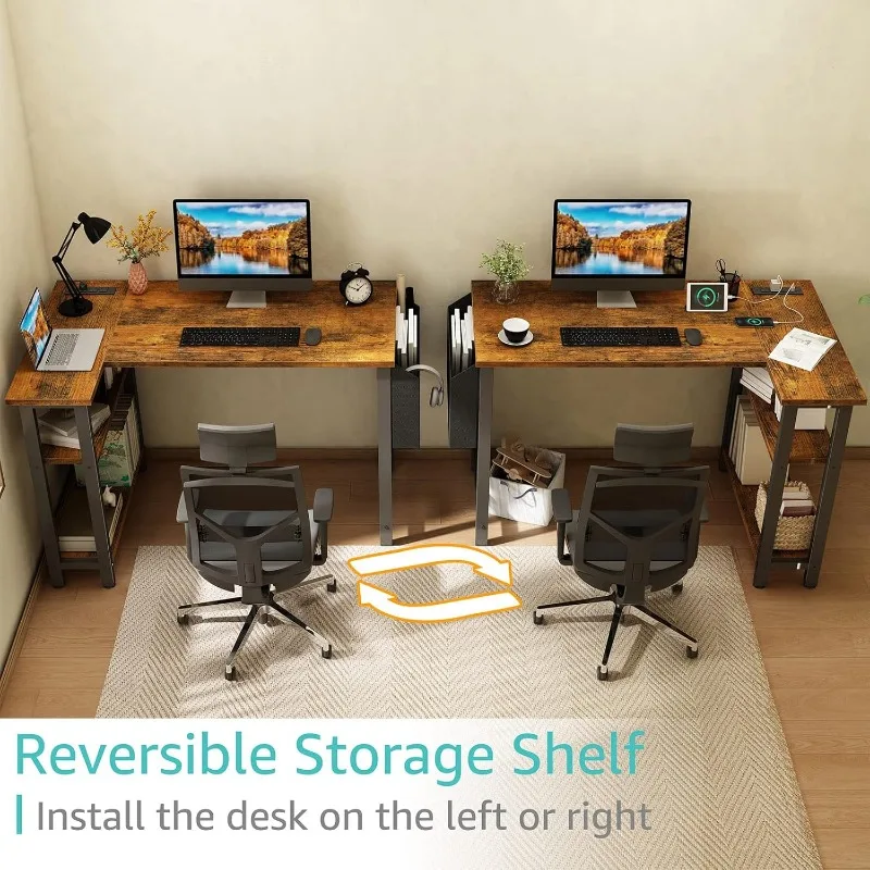 Small L Shaped Desk with Power Outlet Shelves, 40 Inch Reversible Corner Desk for Small Space Home 5