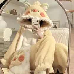 Kawaii Pink Piglet Women Cute Robes Cartoon Animal Warm Coral Fleece Nightgown Thickened Hooded Plush Pajama Pants Two-piece