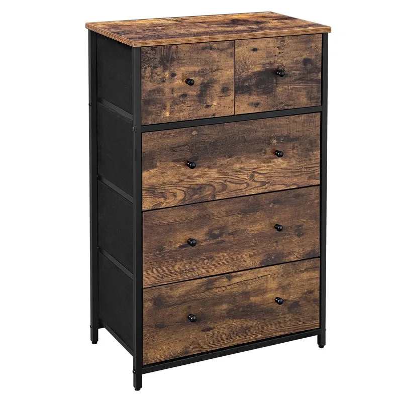 

Drawer Dresser, Storage Dresser Tower with 5 Fabric Drawers, Wooden Front and Top, Industrial Style Dresser Unit