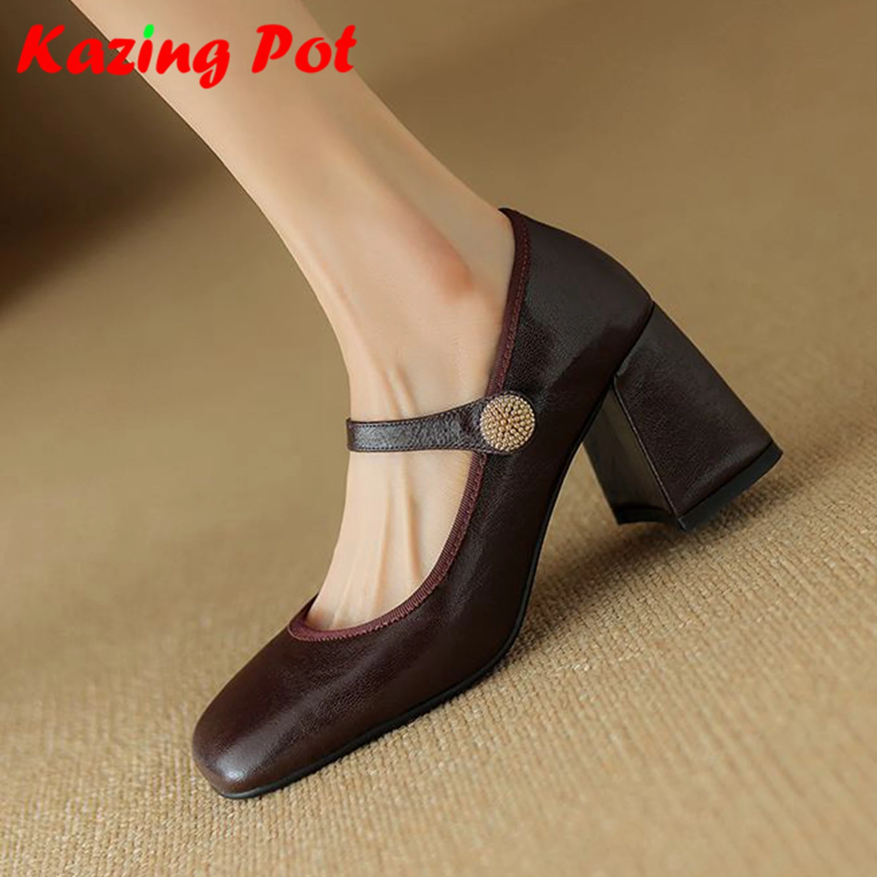 

Krazing Pot Sheepskin Square Toe Women Summer Street Wear Thick High Heels Buckle Straps Gorgeous Mary Janes Office Lady Pumps