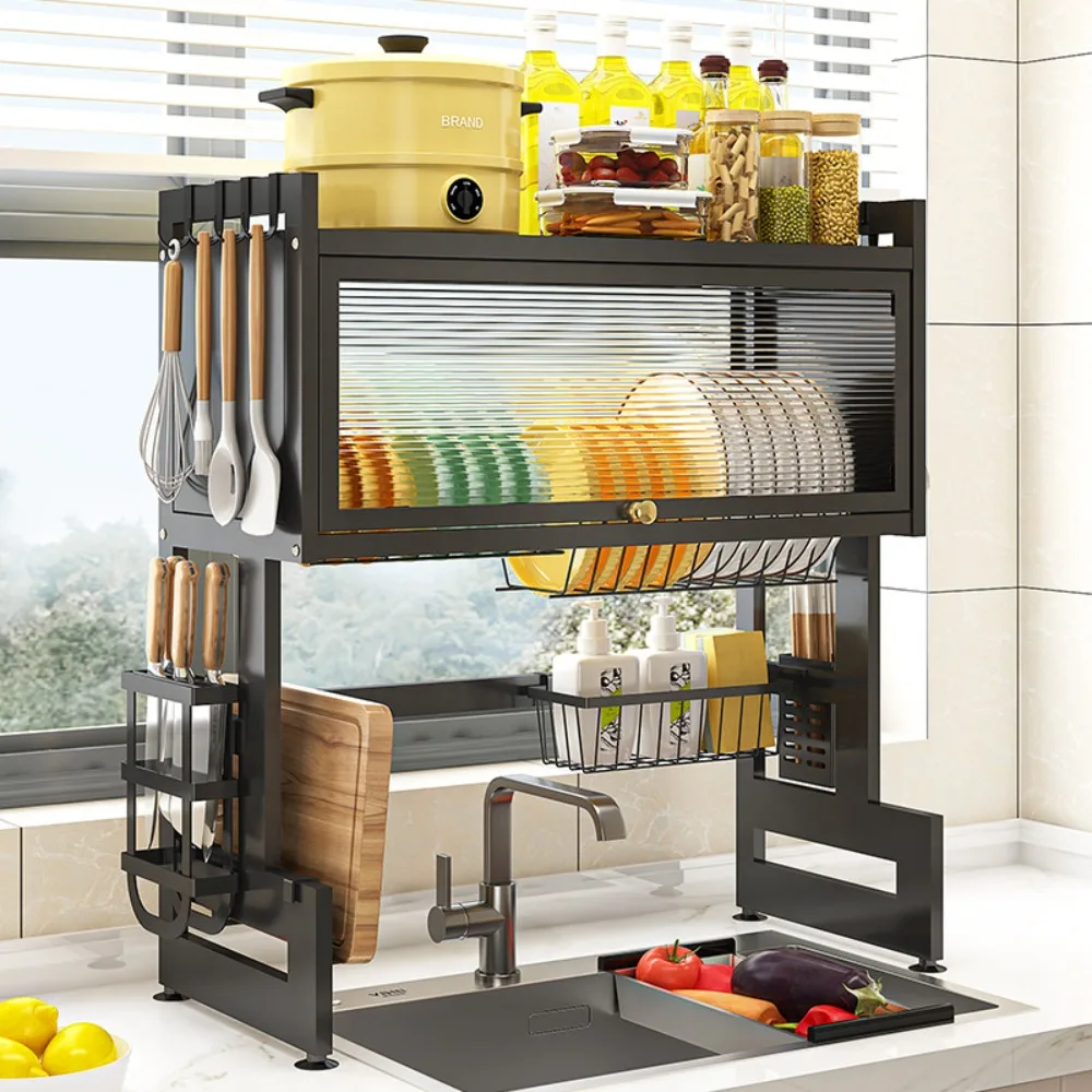 Kitchen Stainless Steel Drain Shelf Over The Sink Dish Drying Rack Utensil Cup Holder Large Over The Sink Dish Rack with Cover 3