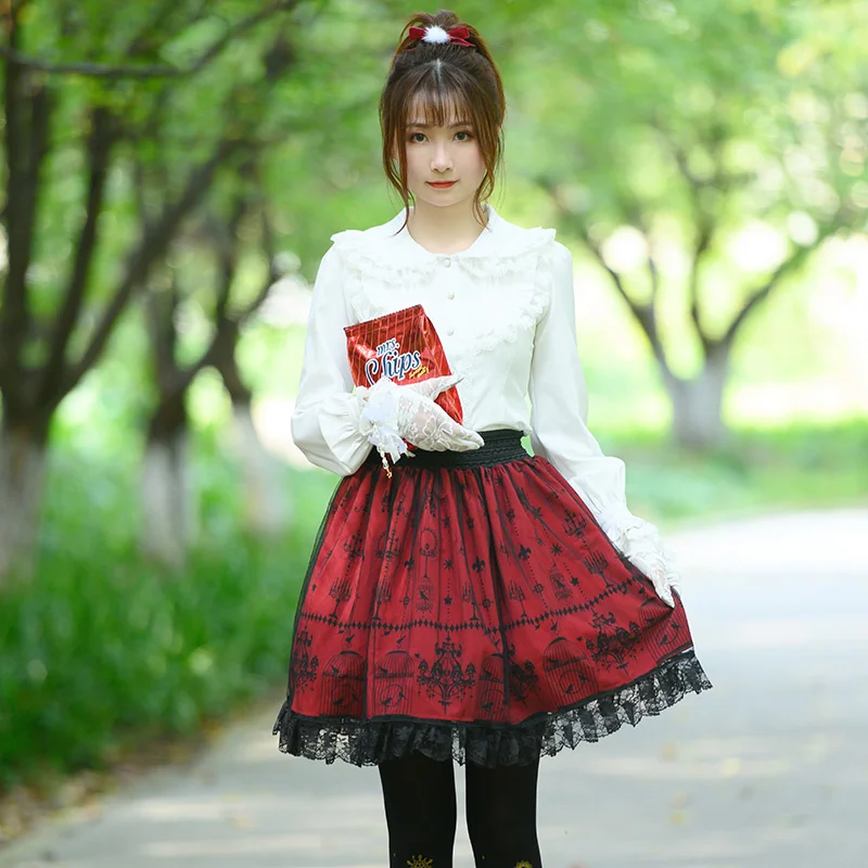 

Ainclu Original Japanese Black Red Vintage Punk Renaissance Fashion Print Lace Pleated Gothic Lolita Skirt Gift Socks