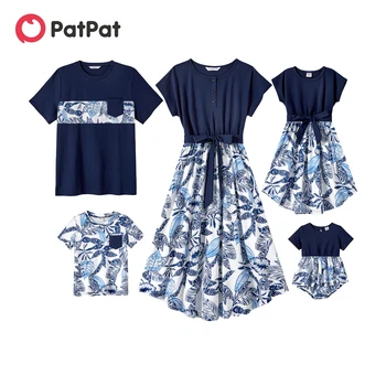 PatPat 패밀리 매칭 의상, 95% 코튼 올오버, 식물 인쇄, 반팔 벨트 접합 드레스 및 티셔츠, 패밀리 룩 세트
