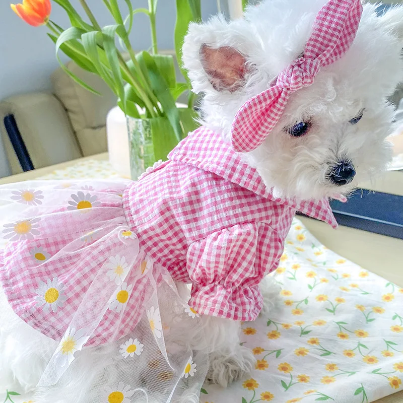 

Bear Princess Skirt Small and Medium-sized Dog Daisy Gauze Skirt Spring and Summer Pet Clothes Dog Beautiful Plaid Dress