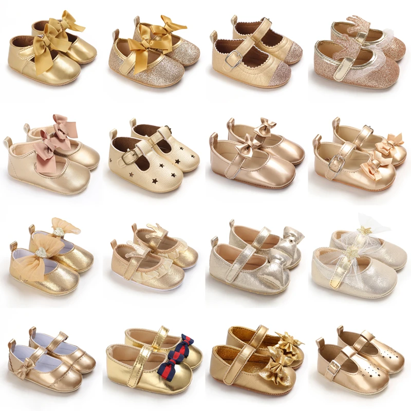 Spring Fashion Newborn Golden Baby Shoes Non Slip Cloth Bottom Girl Shoes Elegant Breathable Casual Baby First Walking Shoes