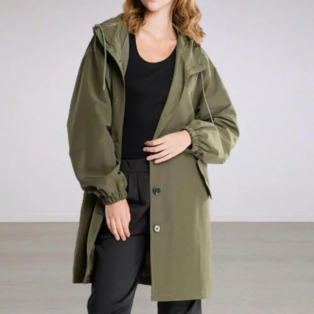 

Lady Soft Coat Stylish Women's Mid-length Windbreaker Hooded Windproof Soft with Drawstring Pockets for Fall Spring Solid Color