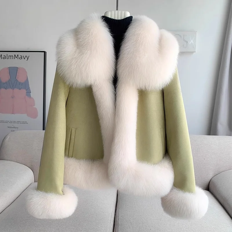 

Green Down jacket+Fur Integrated 2024 winter New Faux Fur Collar Fashion Fur Warm Coat For Women Fur Jackets Khaki High-Quality