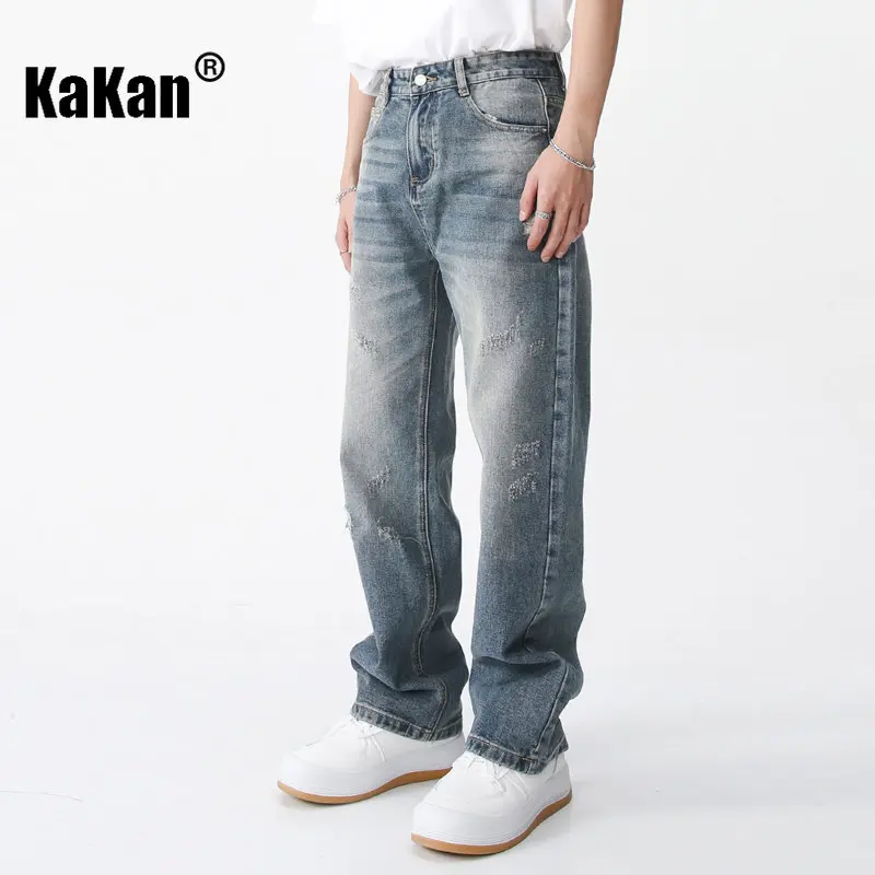 Kakan - New Straight Tube Casual Korean Version Jeans with Loose and Worn Out Design, Popular Youth Long Jeans K50-471