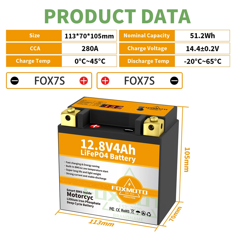 Fox7S 12.8V 51.2Wh Cca 280A Bms Moto Start Batteria 12.8V Litio Ferro Fosfato Scooter Lifepo4 Batterie Ytx7S Ytz7S-Bs