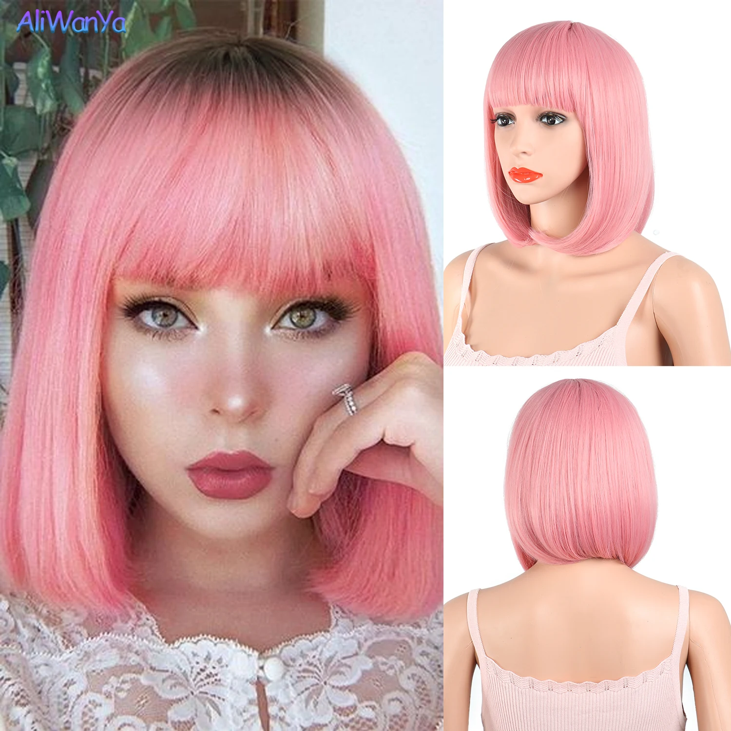 

Bob Pink Wig Cosplay Lolita Synthetic Wigs For Women 14inch Middle Part Straight Short Hair Ombre Black Blonde Red Wig Female