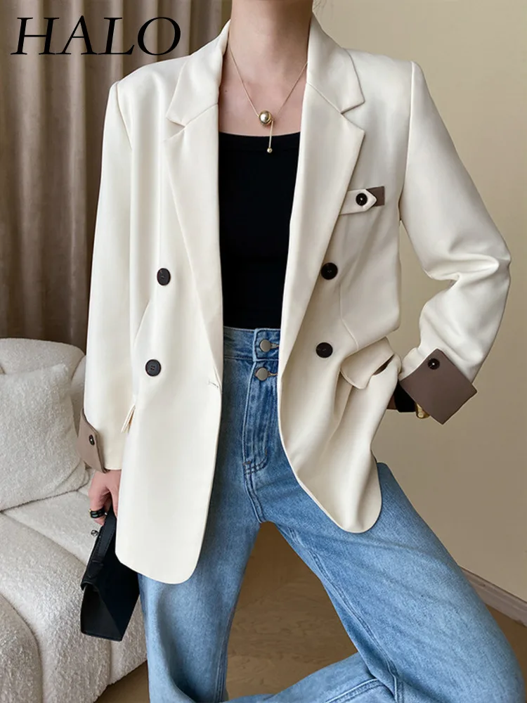 

HALO Curled Cuff Double Breasted Suit Coat For Women 2024 Spring And Autumn New Fashion Casual French Contrast