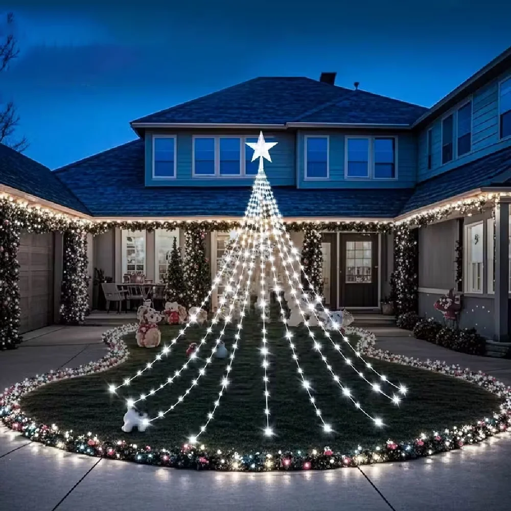 Solar Powered Decorative Star Waterfall Lights 8 Modes IP67 Waterproof Outdoor Party Ambient String Lights Xmas Tree Decor