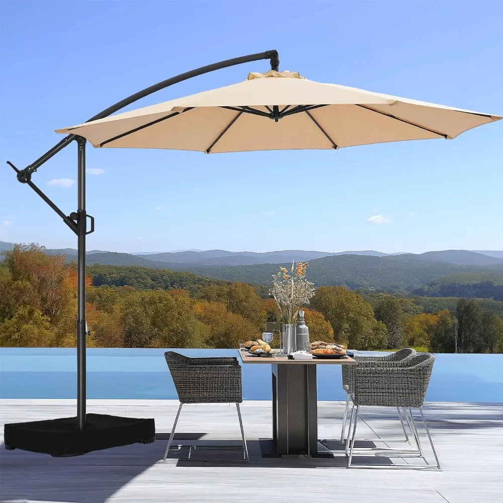 

10 foot offset terrace umbrella - with base, cantilever offset suspension outdoor market umbrella UPF50+UV protection