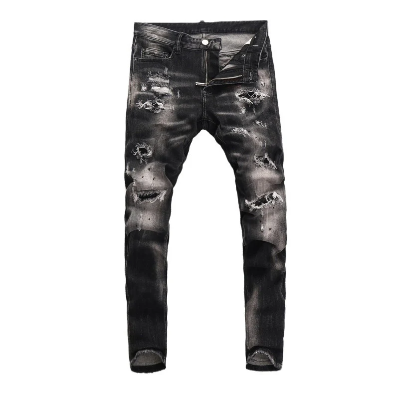 Street Fashion Men Jeans High Quality Retro Black Gray Stretch Slim Fit Ripped Jeans Men Patched Designer Hip Hop Brand Pants