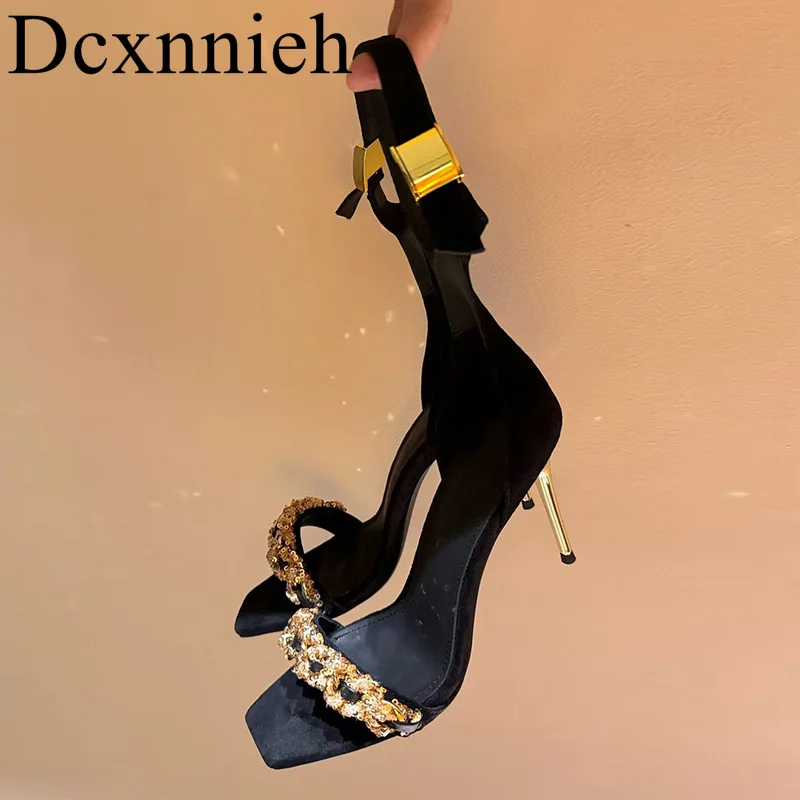 

2024 New Square Head Open Toe Versatile Sandals Women Fashion Crystal Decoration High Heels Summer Sexy Party Dress Shoes women